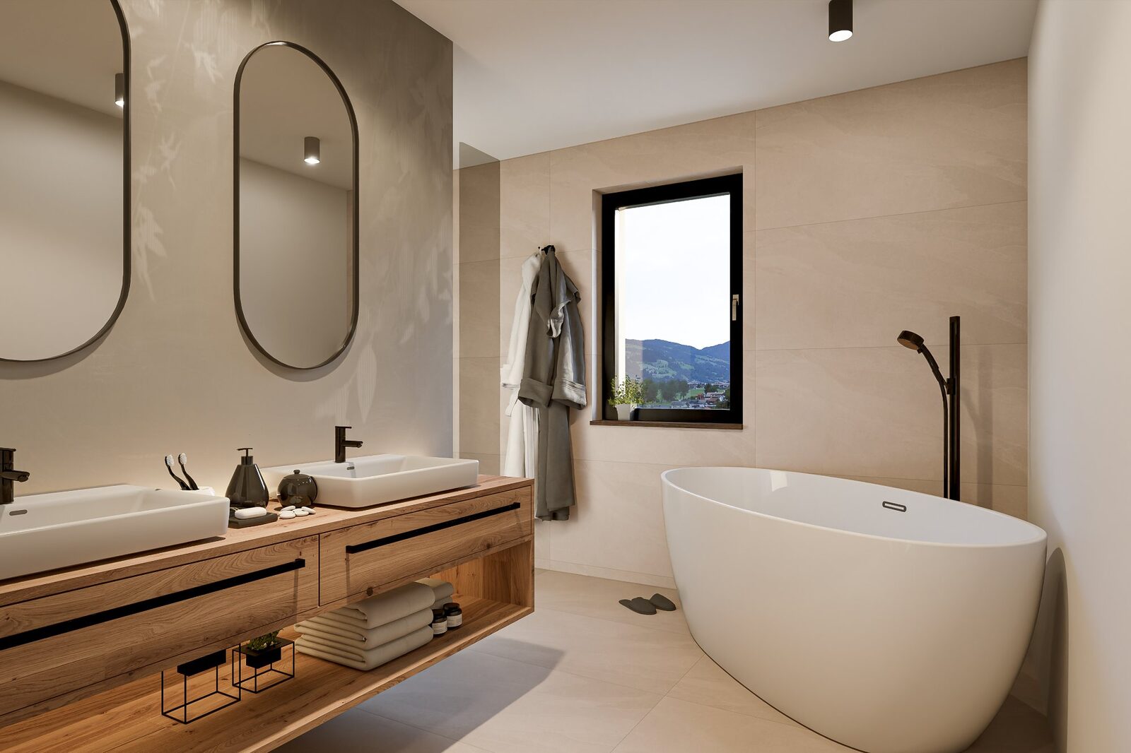 Badezimmer mit freistehender Wanne und Bergblick