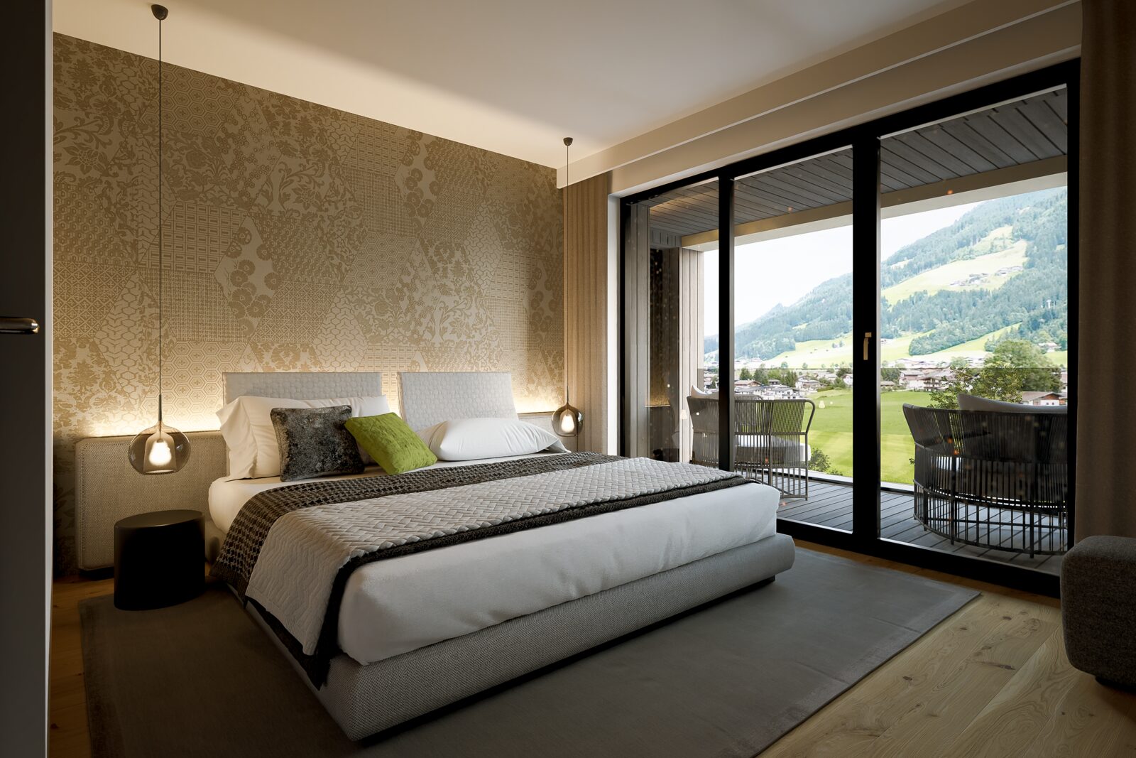 Schlafzimmer mit Balkonzugang und Bergpanorama
