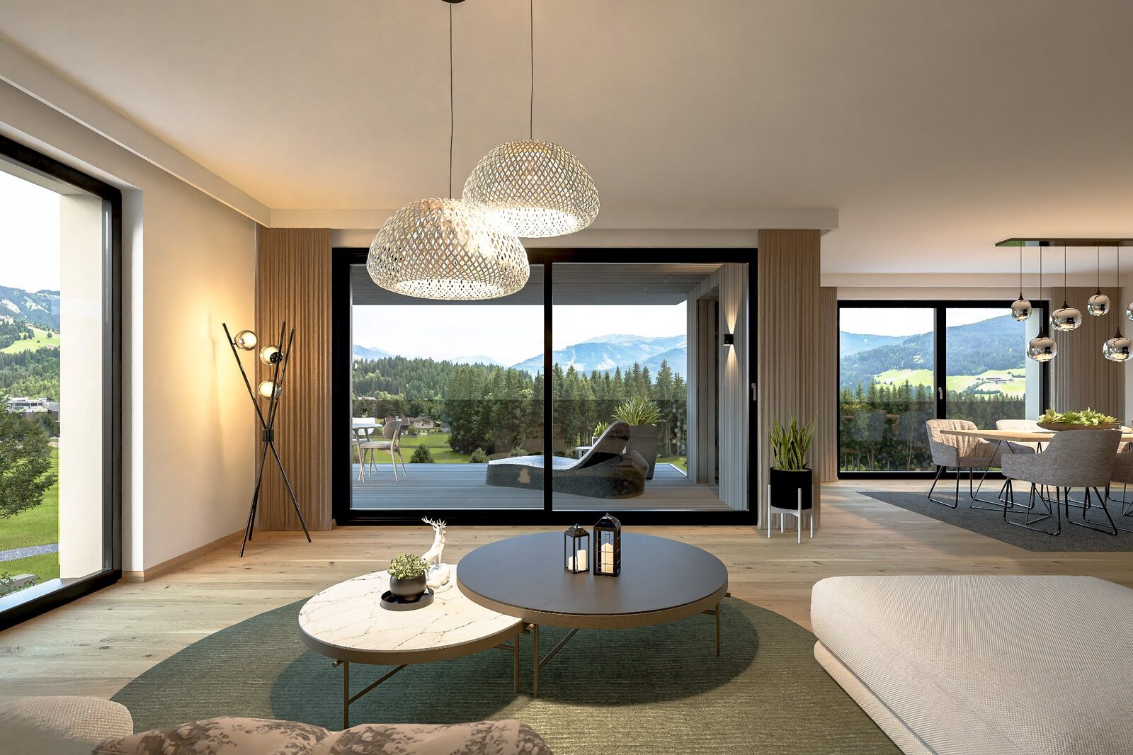 Wohnung W5 – offener Wohnbereich mit Designleuchten und Alpenpanorama